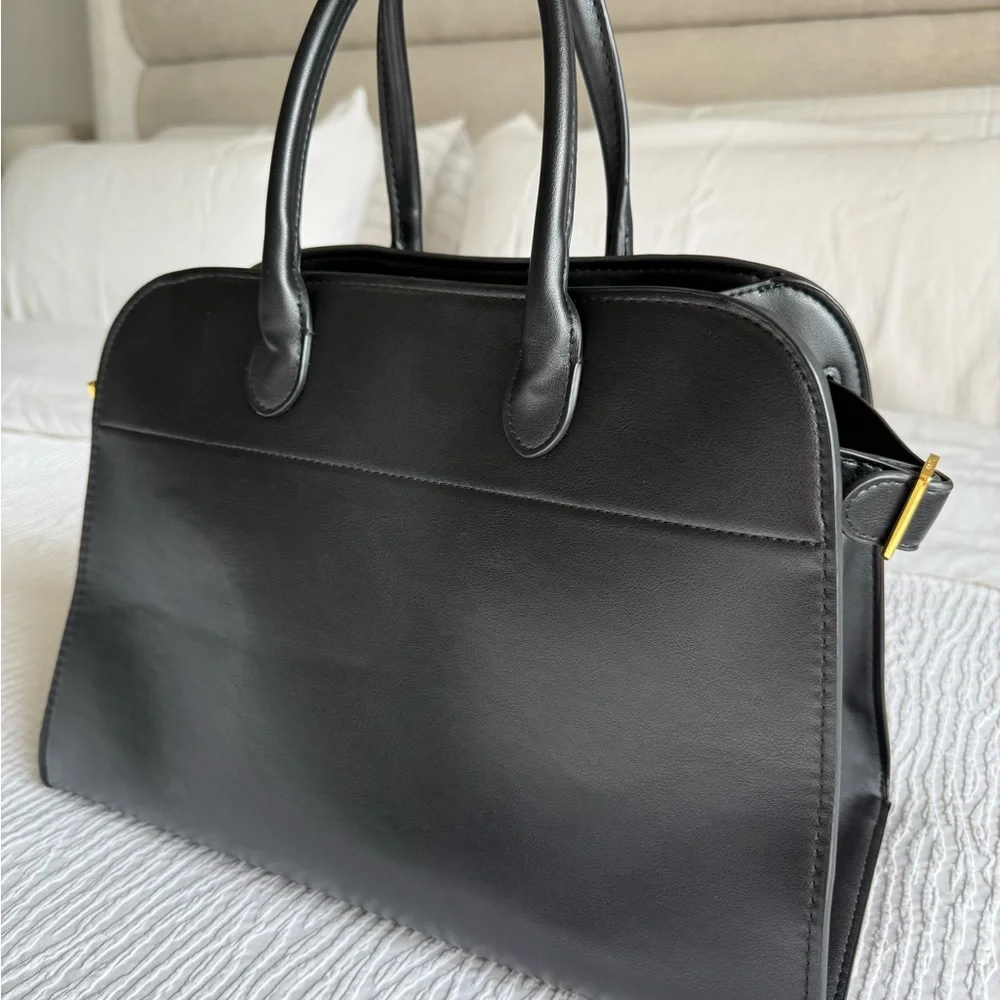The Row Margaux Inspired Black Leather Drawstring Pouch with Gold Accents - Picture 9 of 14